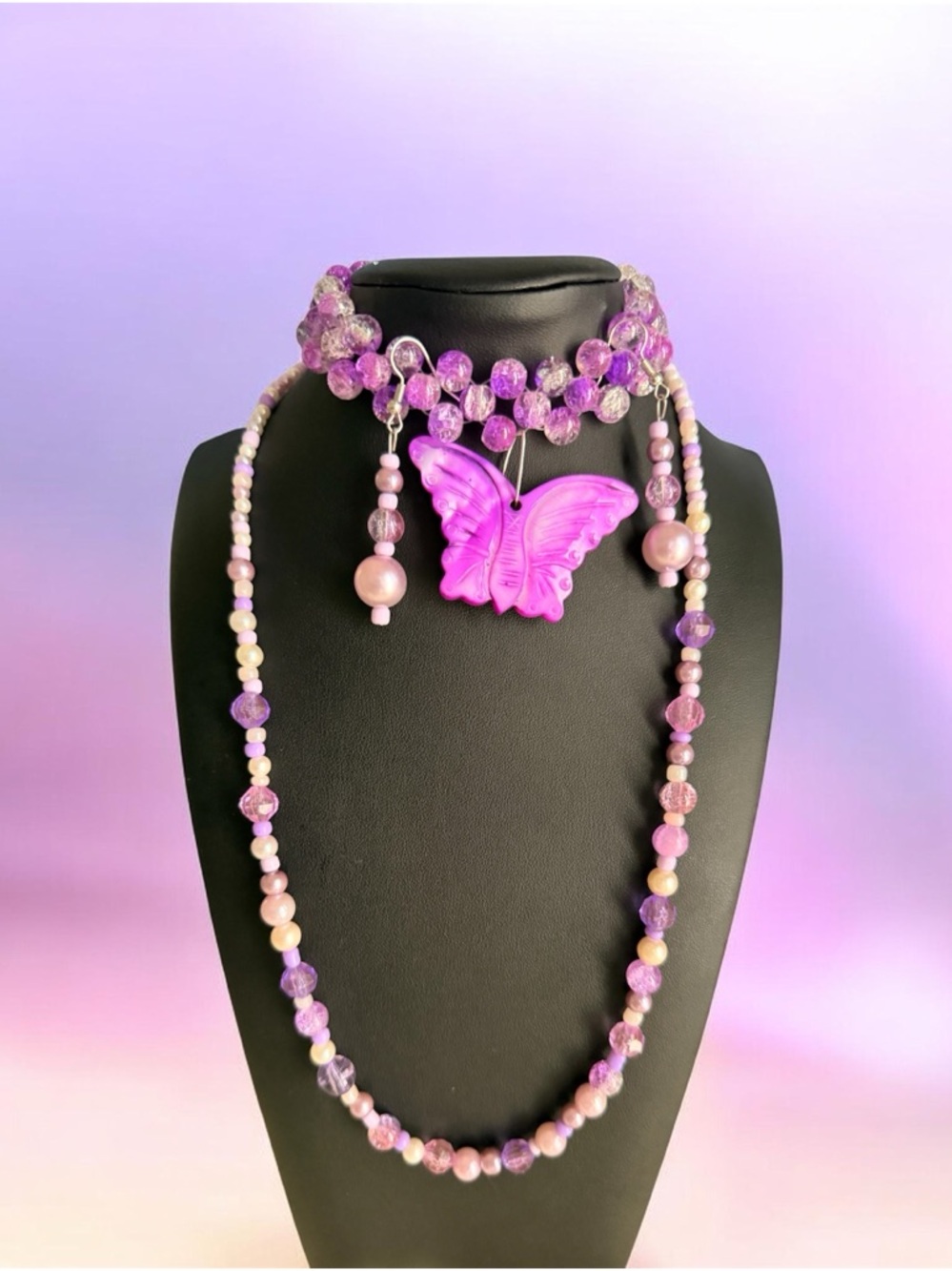 Purple Butterfly Beaded Necklace Set with Matching Earrings